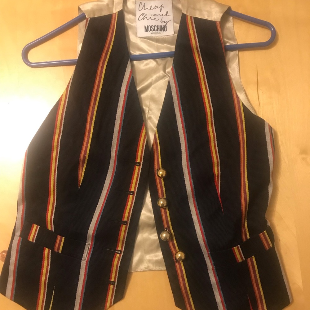 RARE Vintage Moschino striped silk navy blue vest